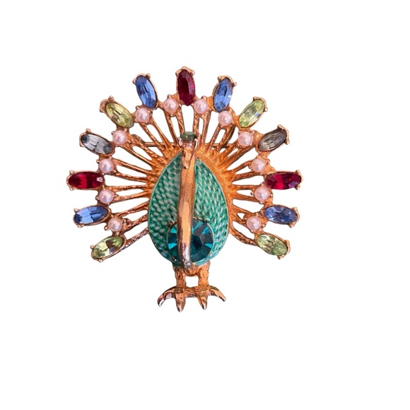 Jewelry - Vintage‎ Peacock Brooch Colorful Rhinestones and Faux Pearls Enamel
